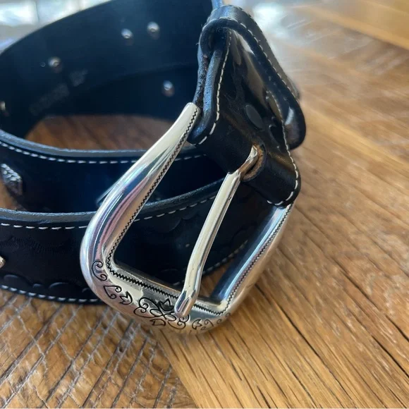 Brighton Black Leather Belt Turquoise Concho Western Silver Buckle B20213 L. 34 - Picture 2 of 8